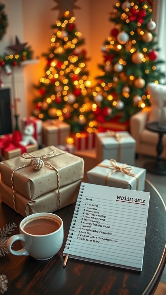 A festive Christmas scene with a decorated tree, wrapped gifts, and a wishlist notepad.